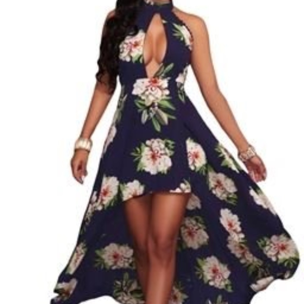 NAVY BLUE FLORAL PRINT HIGH-LOW MAXI DRESS